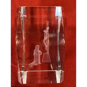 Jesus Cross Mary Laser Etched 3D Crystal Glass Cube Paperweight